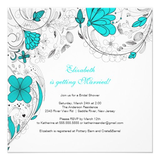 Floral Flowers Bridal Shower Invitation Turquoise from Zazzle.com