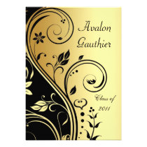 Floral Gold & Black Scroll Graduation Invitation