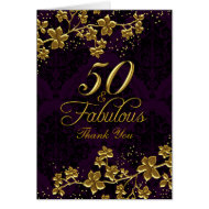 Floral Gold Purple 50 & Fabulous Thank You Card