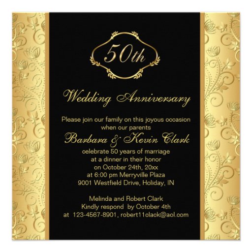 Floral golden black 50th Wedding Anniversary Invitations