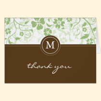 Floral Green Brown Monogram Thank You Card cards