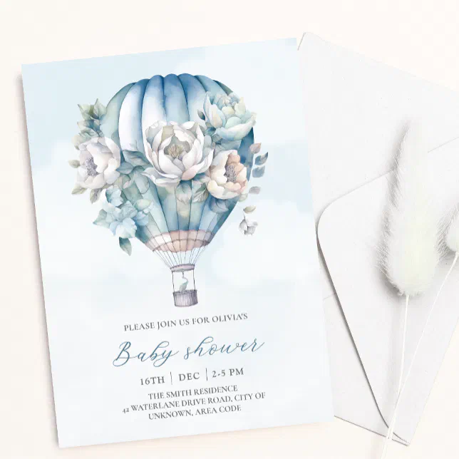 Floral Hot Air Balloon Blue Boy Baby Shower Invitation Zazzle