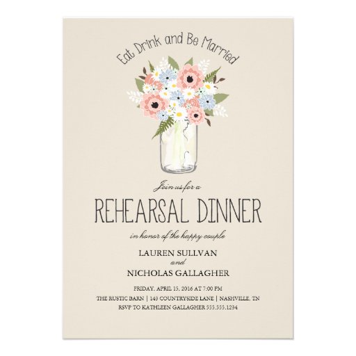 Floral Mason Jar Rehearsal Dinner Invites