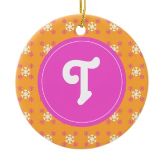 Floral on orange with "T" monogram Christmas Tree Ornaments