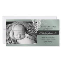 Floral Paisley White Birth Announcement Photo Card photo cards by fat_fa_tin Floral Paisley White Birth Announcement Photo Card photo cards