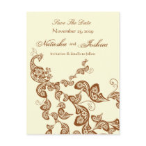 Floral Peacock Chocolate Save The Date Postcard by fat_fa_tin Floral Peacock Chocolate Save The Date Postcard