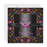 Floral Pink Black Butterfly Birthday Party Custom Invites