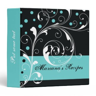 Floral scroll leaf black, aqua blue recipe binders