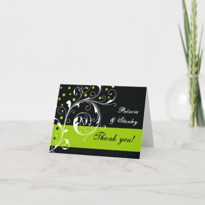 Floral scroll leaf black, green wedding Thank You Greeting Card