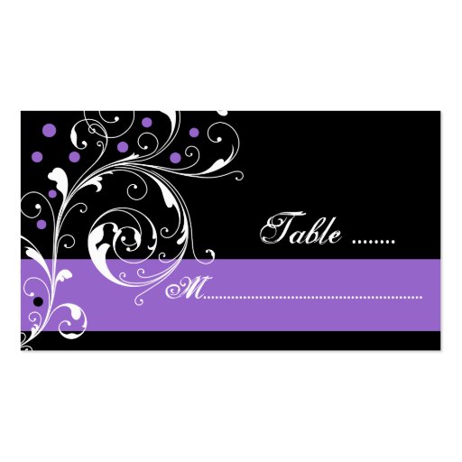 Floral scroll leaf black purple wedding place card business card templates (front side)
