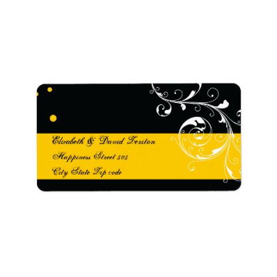 Floral scroll leaf black, yellow wedding custom address labels