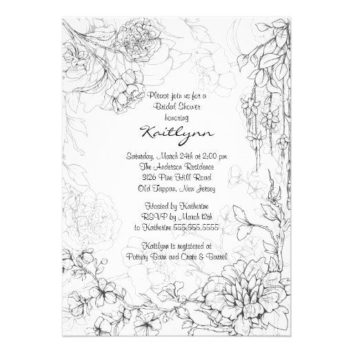 Floral Sketch on White Bridal Shower Invitation