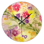 'Floral Splash' yellow bright watercolor flowers Clock