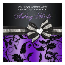 Floral Swirl Quinceañera Invite With Jeweled Bow