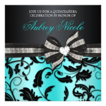 Floral Swirl Quinceañera Invite With Jeweled Bow