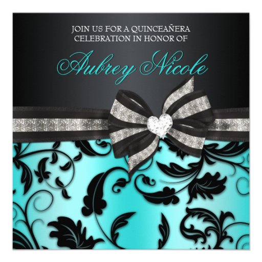 Floral Swirl Quinceañera Invite With Jeweled Bow (front side)