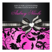 Floral Swirl Quinceañera Invite With Jeweled Bow