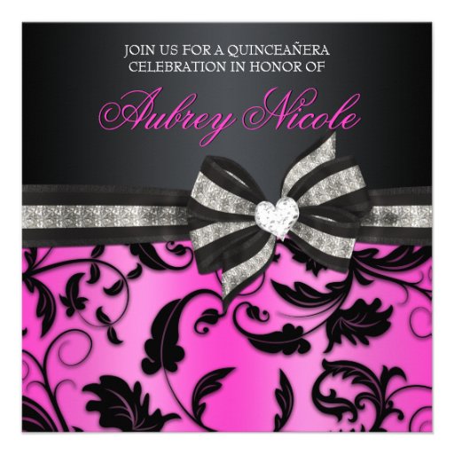 Floral Swirl Quinceañera Invite With Jeweled Bow (front side)