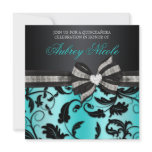 Floral Swirl Quinceañera Invite With Jeweled Bow