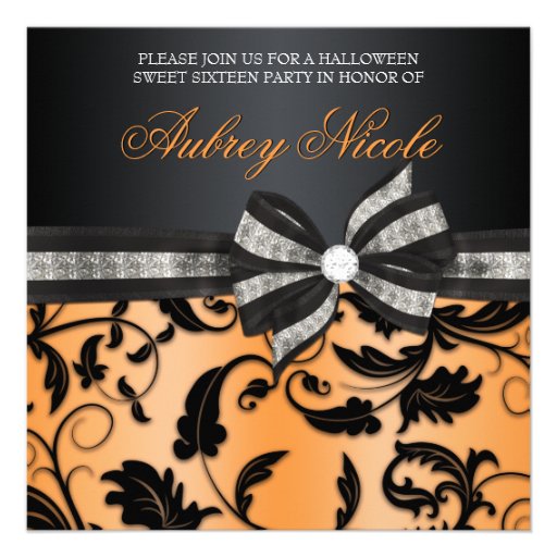Floral Swirl Sweet Sixteen Invite With Jeweled Bow (front side)