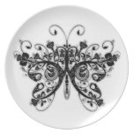 Floral Swirls Butterfly - Black & White Dinner Plate