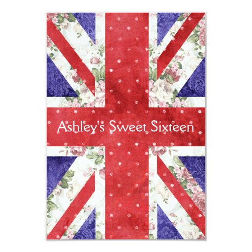 Floral UK Union Jack Flag Polka Dots Sweet 16 Personalized Announcements (front side)