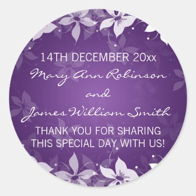 Floral Wedding Favor Tag Exotic Blooms Purple Round Sticker