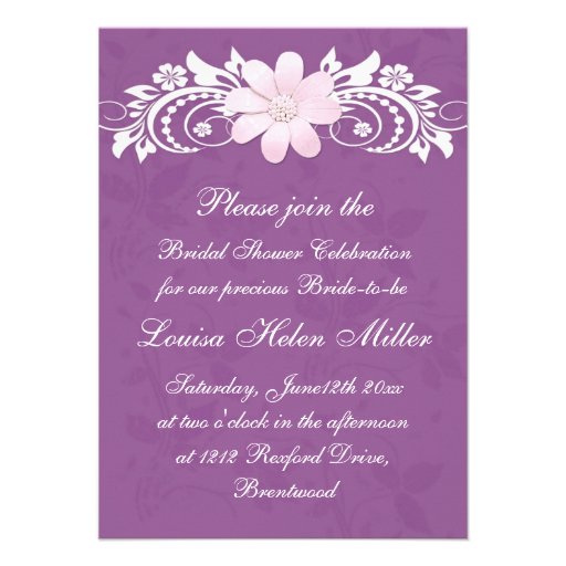 Floral white daisy gerbera on purple Bridal Shower Custom Invites