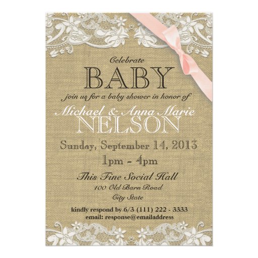 Floral White Lace and Bow Baby Shower Blush Pink Personalized Invites