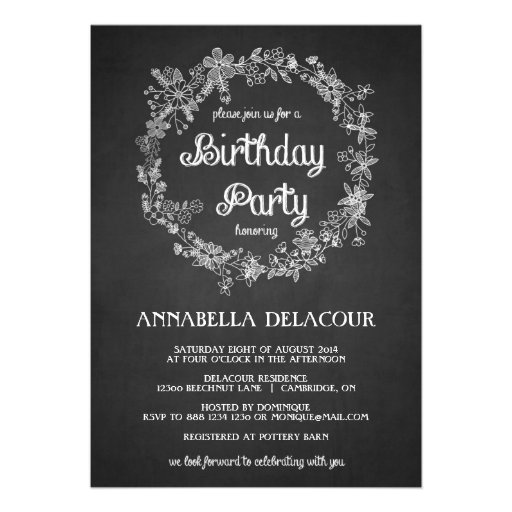 Floral Wreath Chalkboard Birthday Party Invitation