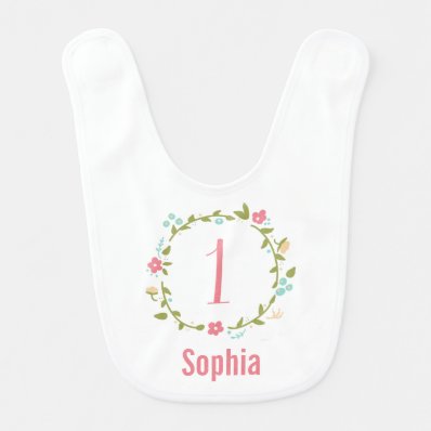 Floral Wreath Girl 1st Birthday Personalized Bibs
