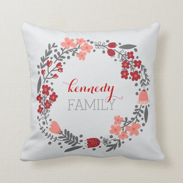Floral Wreath Personalized Monogram Red Grey Pillows