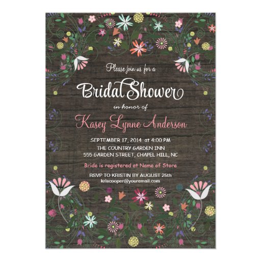 Floral Wreath Rustic Wood Bridal Shower Invitation