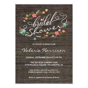 Floral Wreath Rustic Wood Bridal Shower Invites 4.5