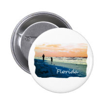 Florida Beach Scene People Running Orange Blue Pinback Buttons