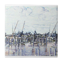 Florida Marina Graphic with boats and sky Ceramic Tiles