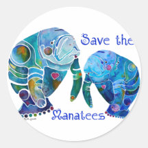Florida Save the Manatees in Vivid Blues Round Sticker