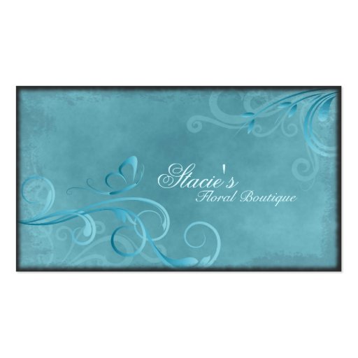 Florist Business Card Teal Blue Swirls Butterfly (front side)