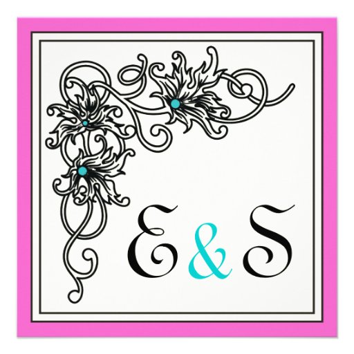 Flourish vine black pink turquoise wedding personalized announcement