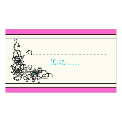 Flourish vine pink turquoise wedding place card business card (front side)