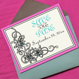 Flourish vine pink turquoise wedding Save the Date Postcards