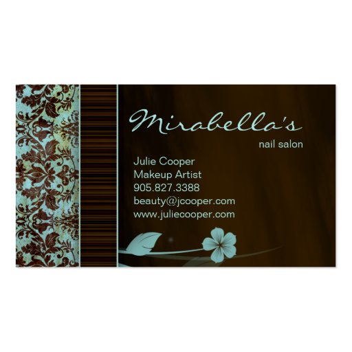 Flower Business Card Damask Blue Brown (back side)