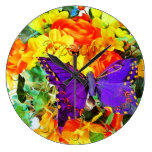 Flower Garden Purple Butterfly Wall Clock