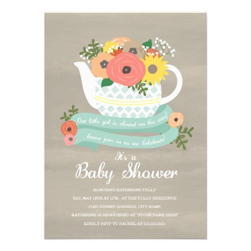 Flower Garden Teapot Baby Shower Invitation