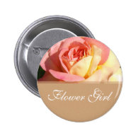 Flower girl pink yellow rose wedding name button.