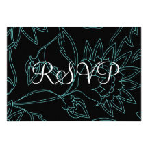 Flower Line Art Black Teal Wedding RSVP Cards