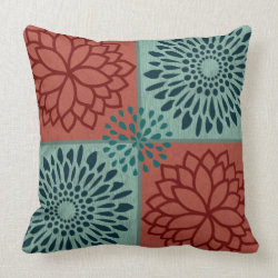 Flower Line Art Red Blue Color Blocks Pattern Pillow