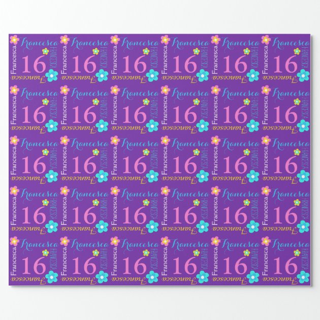 Flower personalized name age 16th birthday wrap wrapping paper 3/4
