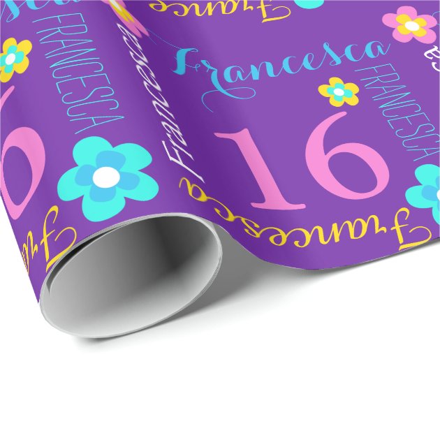 Flower personalized name age 16th birthday wrap wrapping paper 1/4