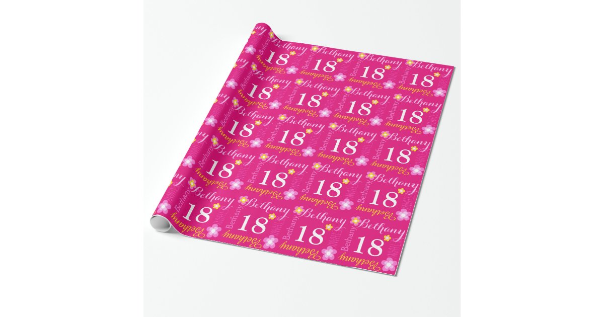 flower-personalized-name-age-18th-birthday-wrap-wrapping-paper-zazzle